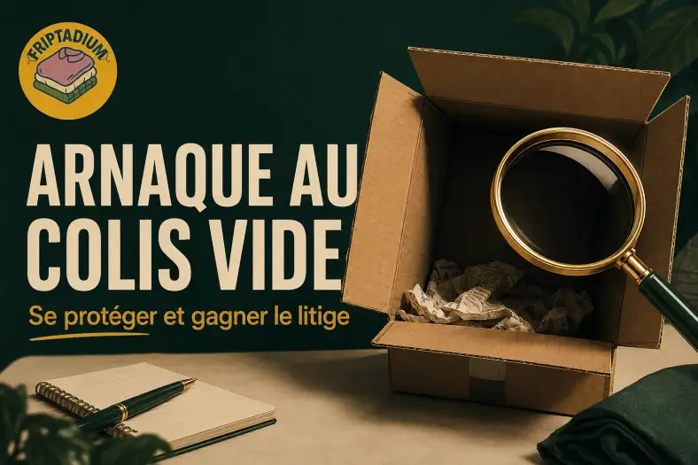 Bannière du guide Friptadium : arnaque au colis vide sur Vinted, se protéger et gagner le litige