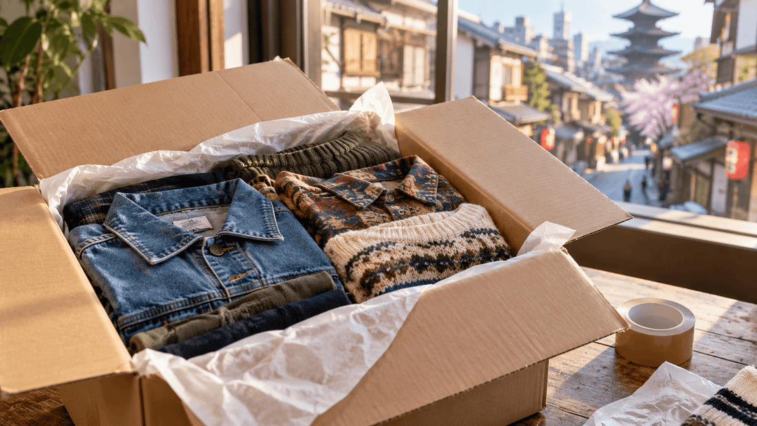 Carton ouvert près d'une fenêtre donnant sur une rue de Kyoto et une pagode, rempli de vêtements de seconde main pliés, veste en jean, chemise et pull jacquard : un colis de vêtements achetés au Japon