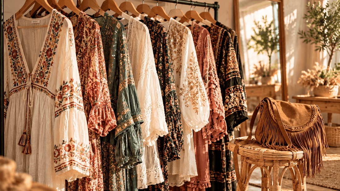 Portant de robes et blouses bohèmes brodées, écrues, rouille, vertes et noires, sur des cintres en bois, à côté d'un sac à franges en daim posé sur un tabouret en rotin : des pièces bohèmes d'occasion