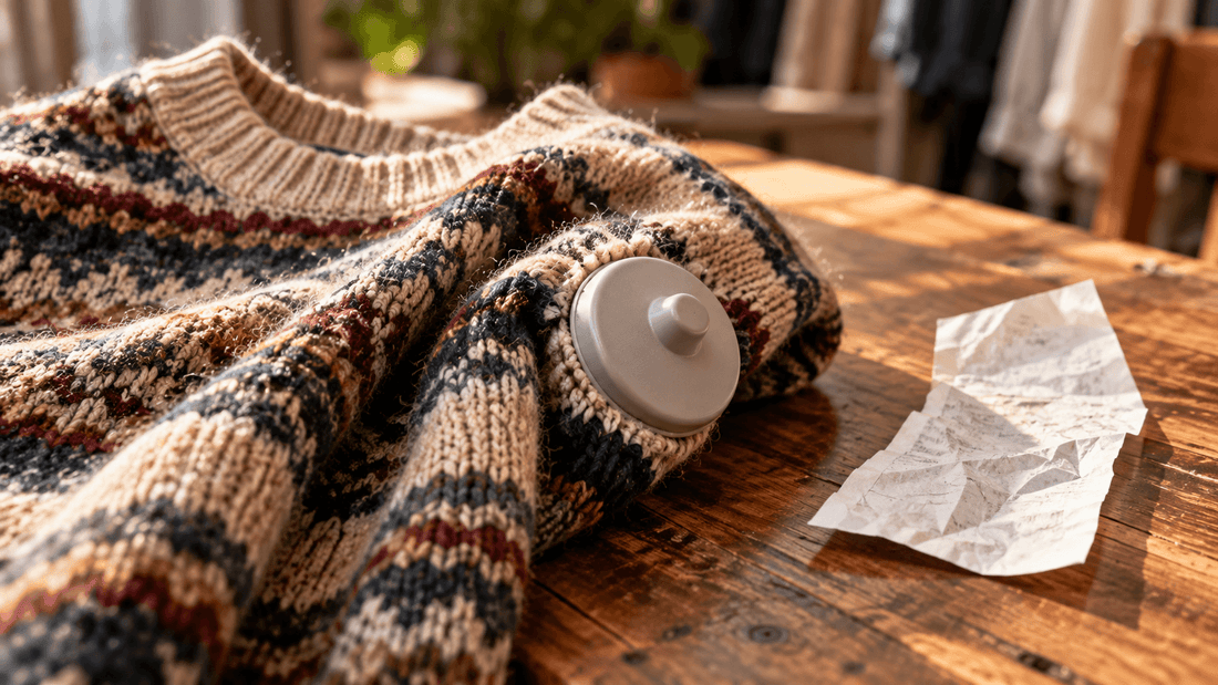 Antivol rond gris oublié sur un pull en maille jacquard, ticket de caisse à côté