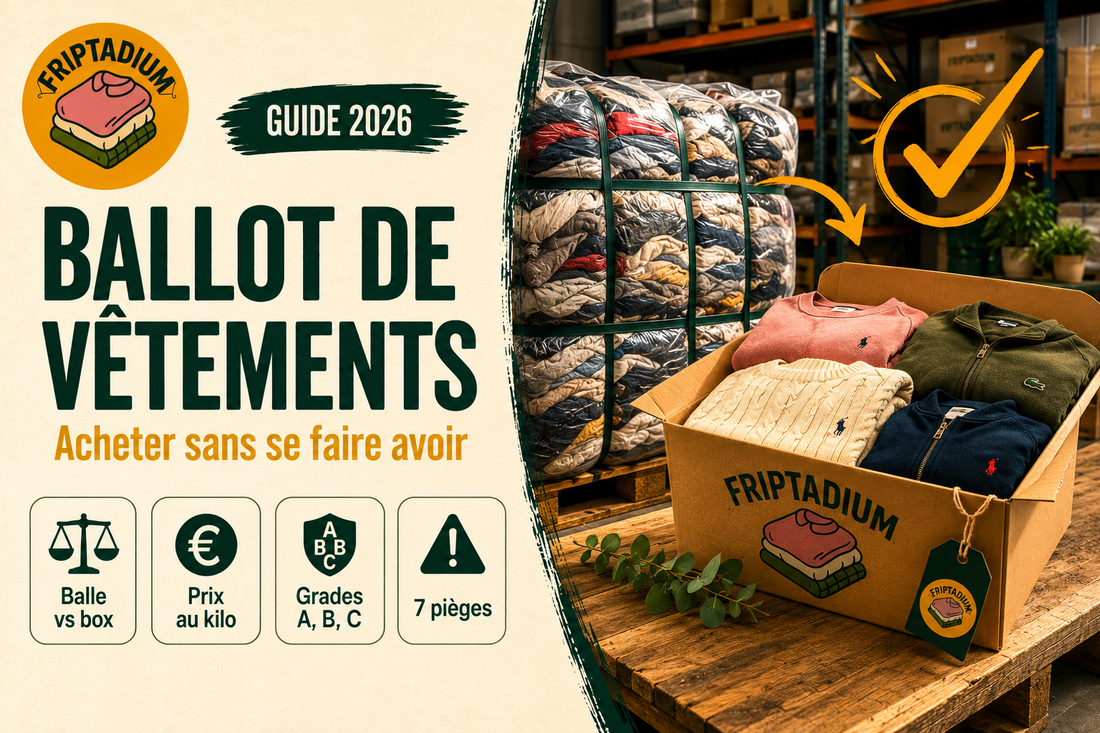 Bannière du guide ballot de vêtements Friptadium : balle compressée face à une box triée