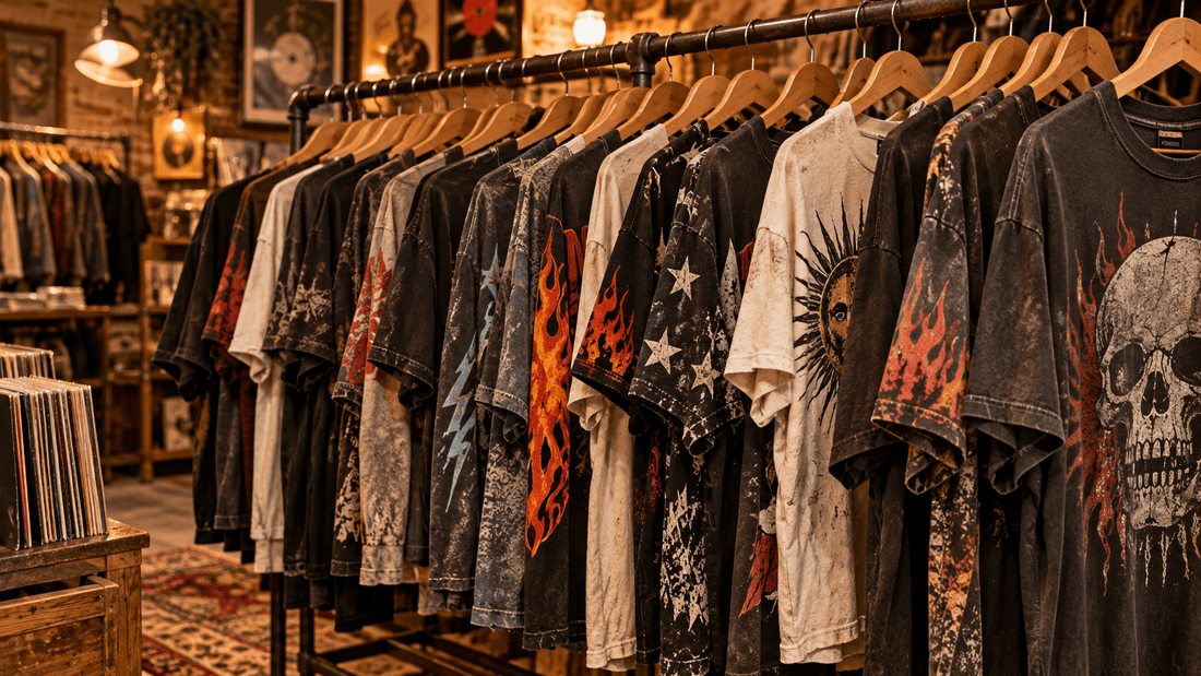 Portant de t-shirts de groupe vintage délavés aux imprimés tête de mort, flammes et soleil