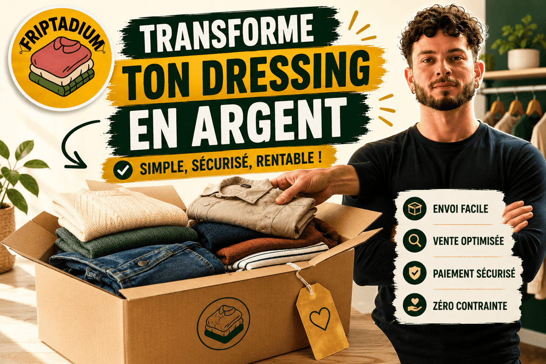 Carton de vêtements pliés prêt à partir en dépôt-vente en ligne