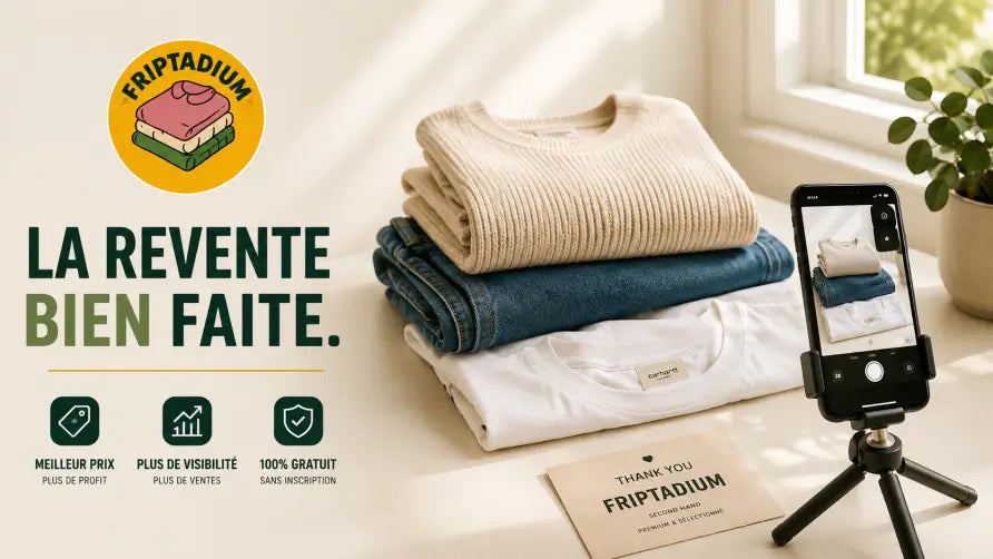 Smartphone sur trépied photographiant des vêtements de seconde main pliés près d'une fenêtre pour vendre sur Vinted