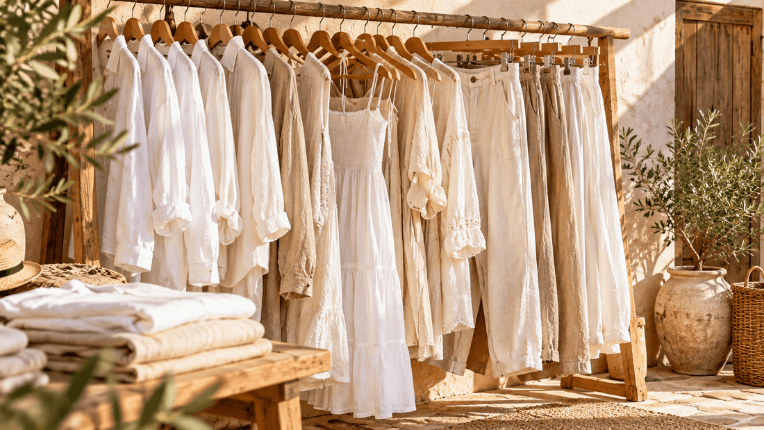 Portant en bois chargé de chemises, robes et pantalons blancs et écrus en lin et en coton, à côté d'une pile de vêtements pliés sur un banc, d'un olivier en jarre et d'un panier au soleil : des vêtements d'été blancs d'occasion