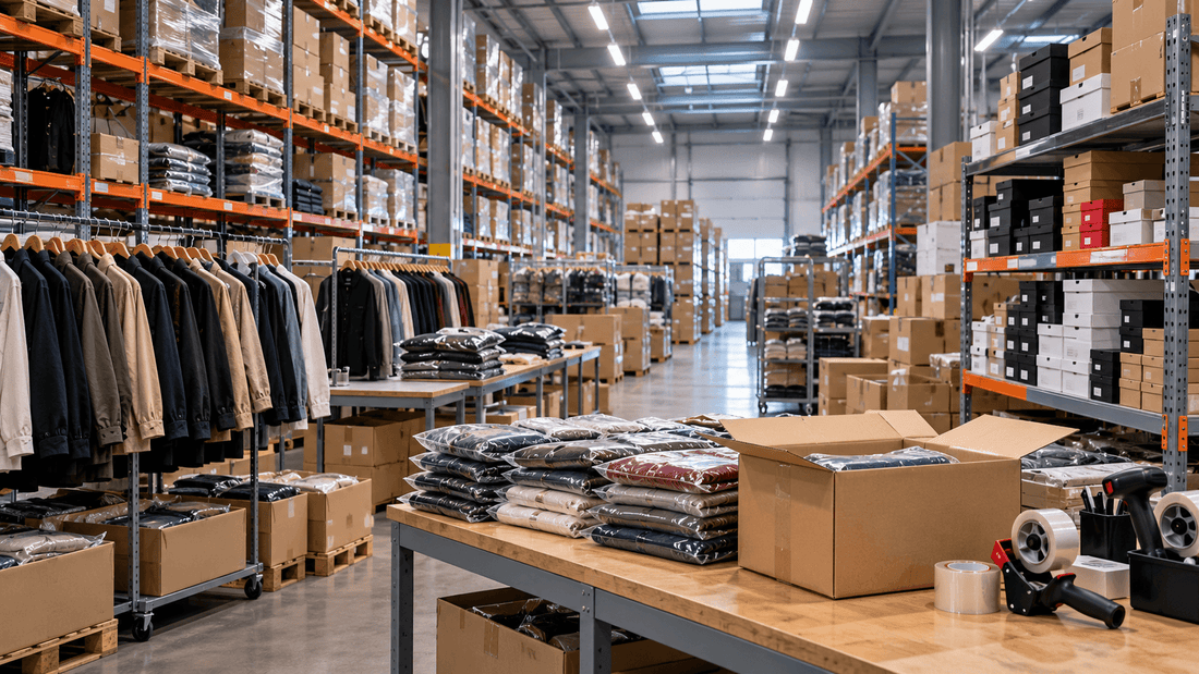 Entrepôt de vêtements de marque neufs avec rayonnages de cartons, portants de vestes et pulls emballés sous plastique sur une table de préparation de commandes : le stock d'une marketplace B2B comme Brandsdistribution