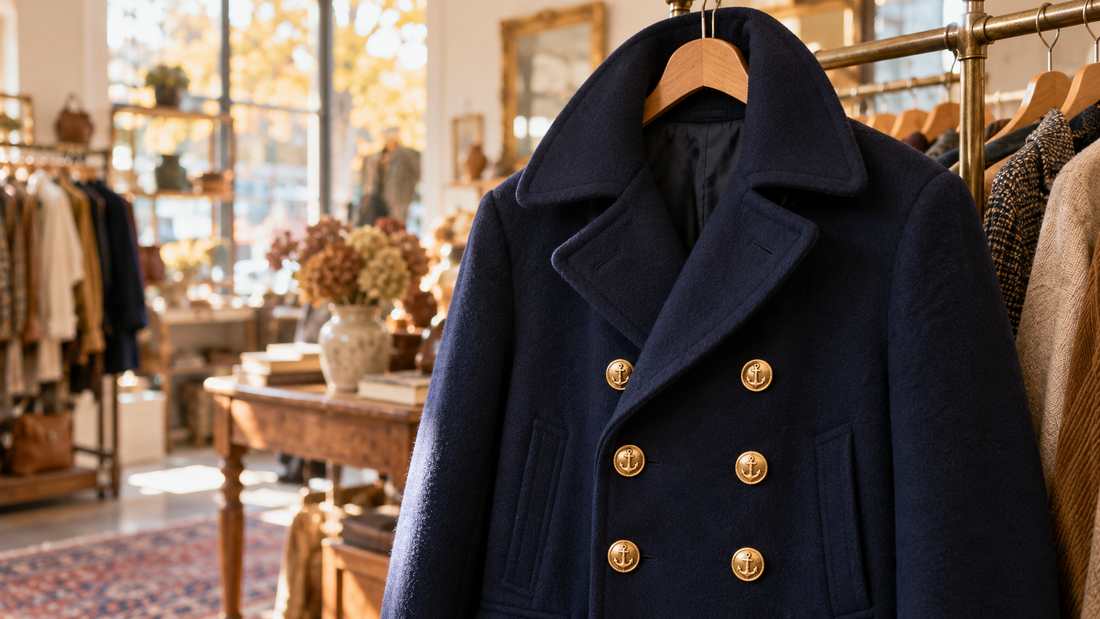 Caban croisé bleu marine en drap de laine sur un cintre en bois dans une friperie, boutons à ancre
