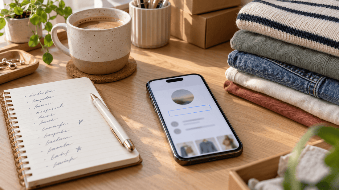 Smartphone affichant un profil vendeur à côté d'un carnet de noms et de vêtements pliés