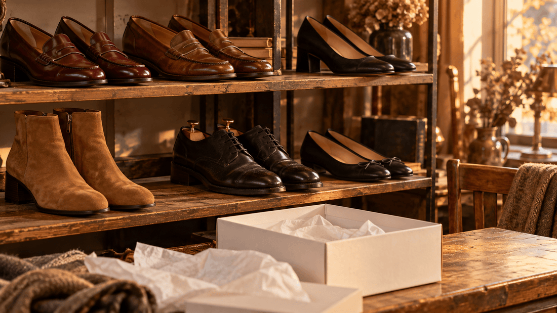 Étagères en bois garnies de mocassins, escarpins et bottines en cuir d'occasion