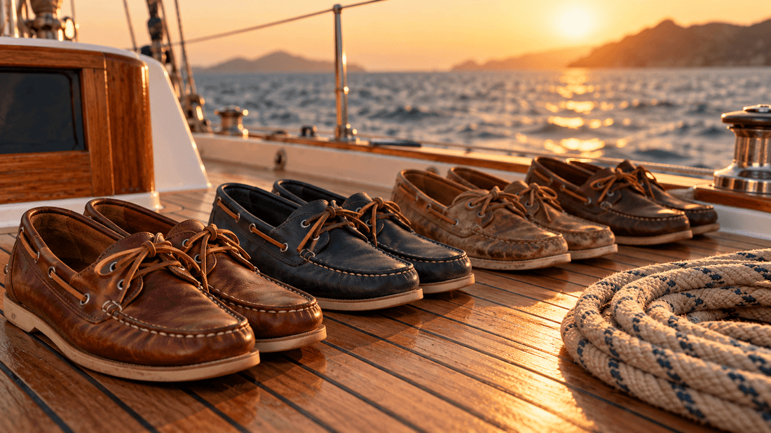 Chaussures bateau en cuir alignées sur le pont en bois d'un voilier au coucher du soleil