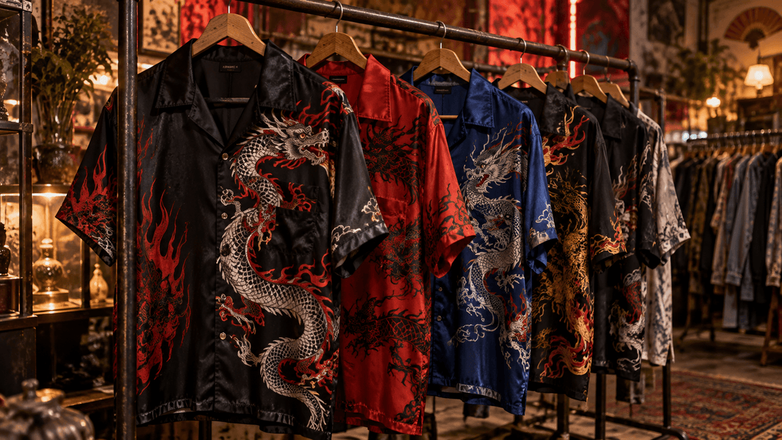 Portant de friperie garni de chemises dragon des années 2000 en satin, noires, rouges et bleues