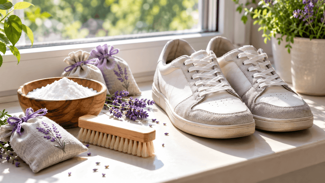 Paire de baskets blanches et grises sur un rebord de fenêtre ensoleillé, à côté d'un bol de bicarbonate de soude, d'une brosse en bois et de sachets de lavande : enlever l'odeur dans les chaussures