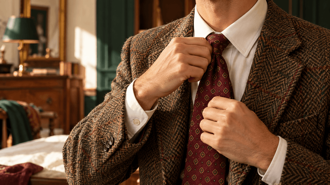 Homme en train de nouer sa cravate, dans un style vintage