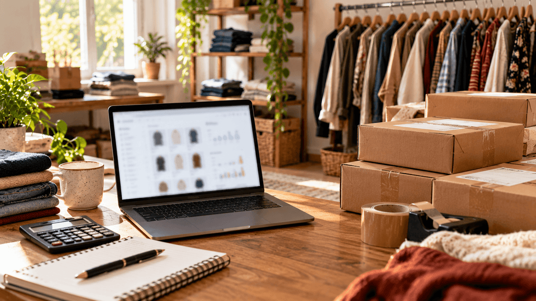 Bureau de revendeur avec ordinateur portable, cartons d'envoi et portant de vêtements pour un compte professionnel