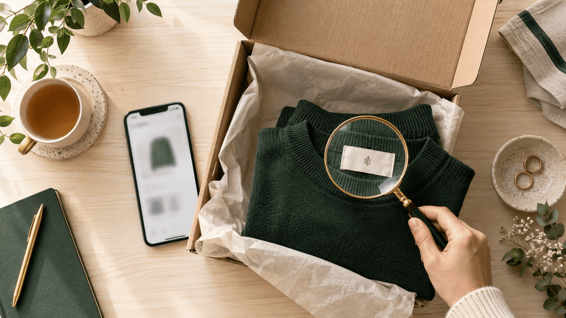 Vérification d'un vêtement reçu sur Vinted à la loupe pour repérer une contrefaçon