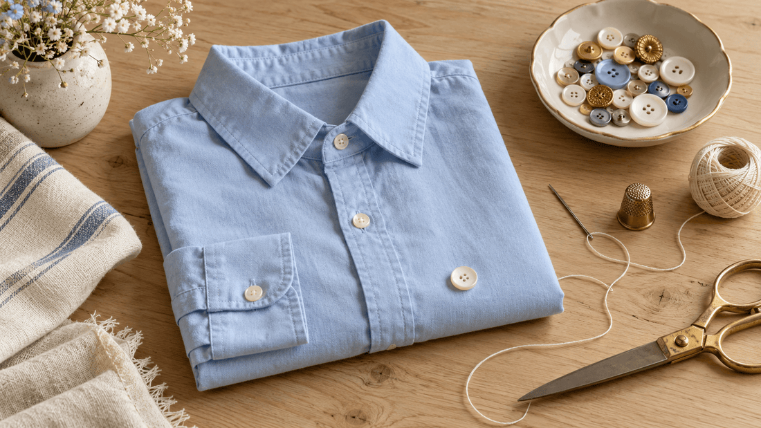 Matériel pour coudre un bouton : aiguille, fil, boutons et chemise en coton