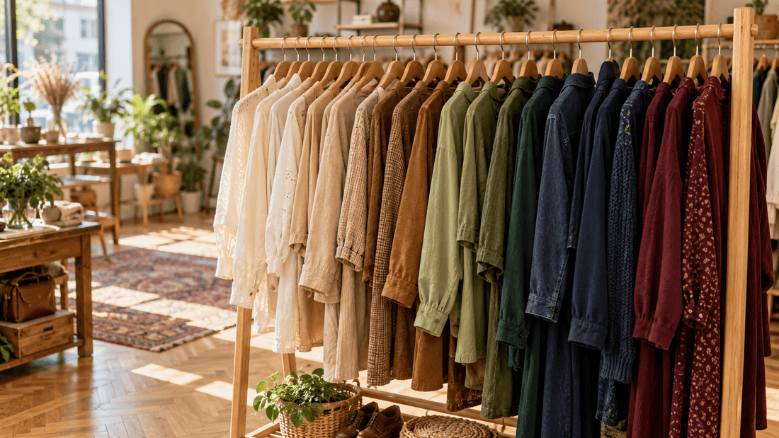 Portant de friperie aux vêtements rangés en dégradé de couleurs, du crème au bordeaux