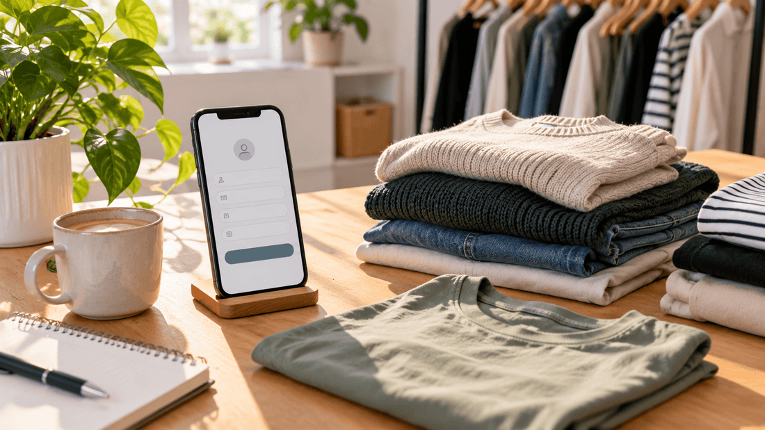 Smartphone sur support affichant un formulaire d'inscription, à côté de vêtements pliés à vendre