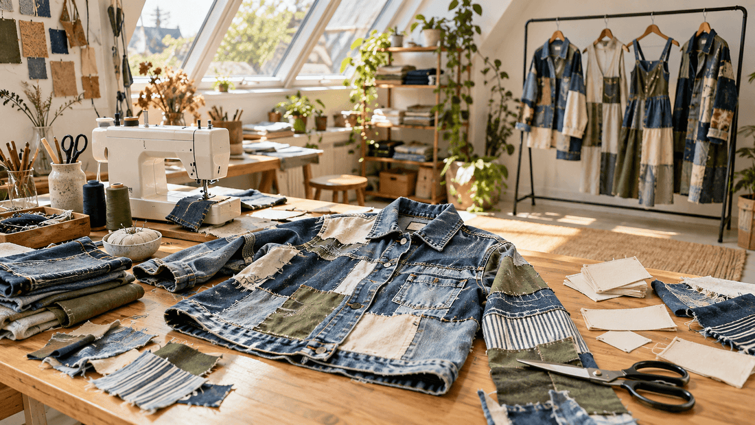 Atelier d'upcycling avec veste en jean patchwork, machine à coudre et portant de créations
