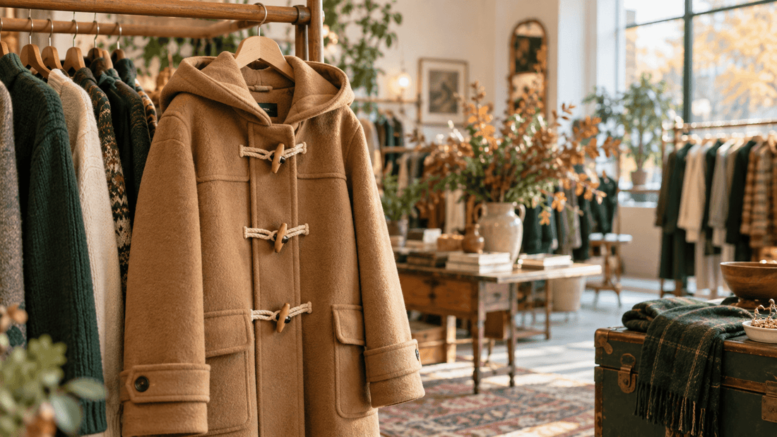 Duffle coat camel en drap de laine sur un portant de friperie, avec olives en bois et brandebourgs en corde