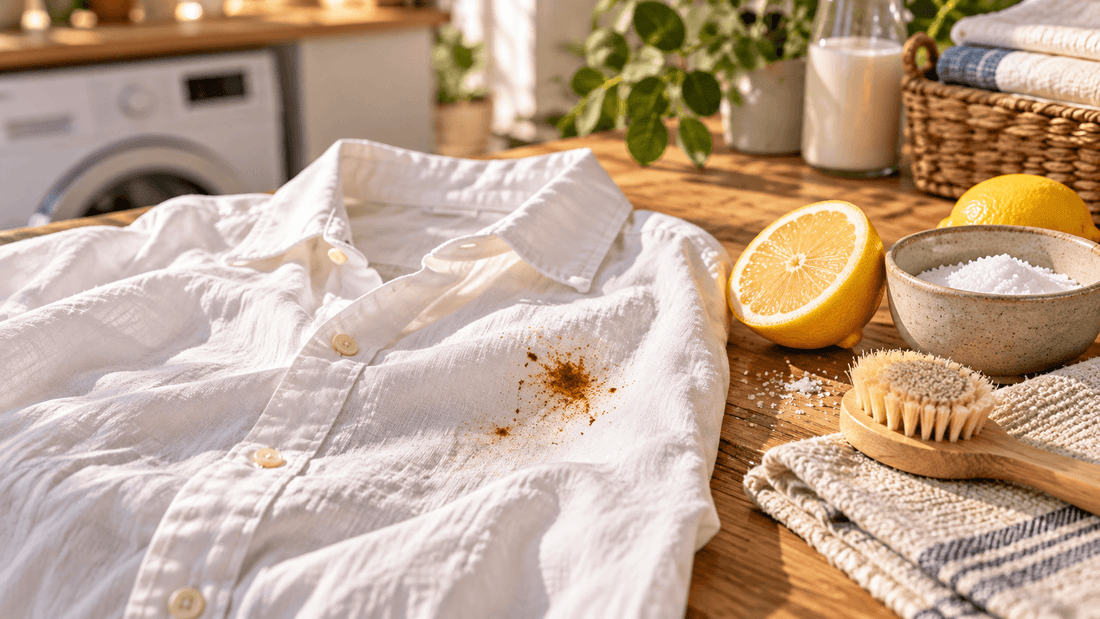 Chemise blanche en coton tachée de rouille posée sur un plan de travail en bois, avec un citron coupé, un bol de gros sel, une brosse et un torchon rayé, devant un lave-linge : le matériel pour enlever une tache de rouille