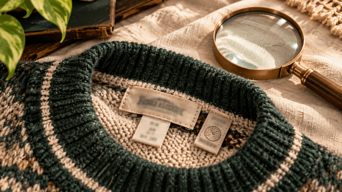 Étiquettes de vêtements vintage examinées à la loupe pour lire le pays d'origine Made in et la marque