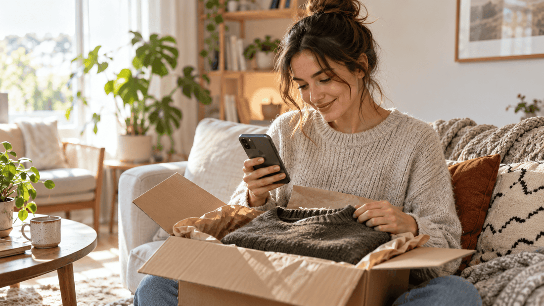 Femme souriante consultant son smartphone en ouvrant un colis contenant un pull