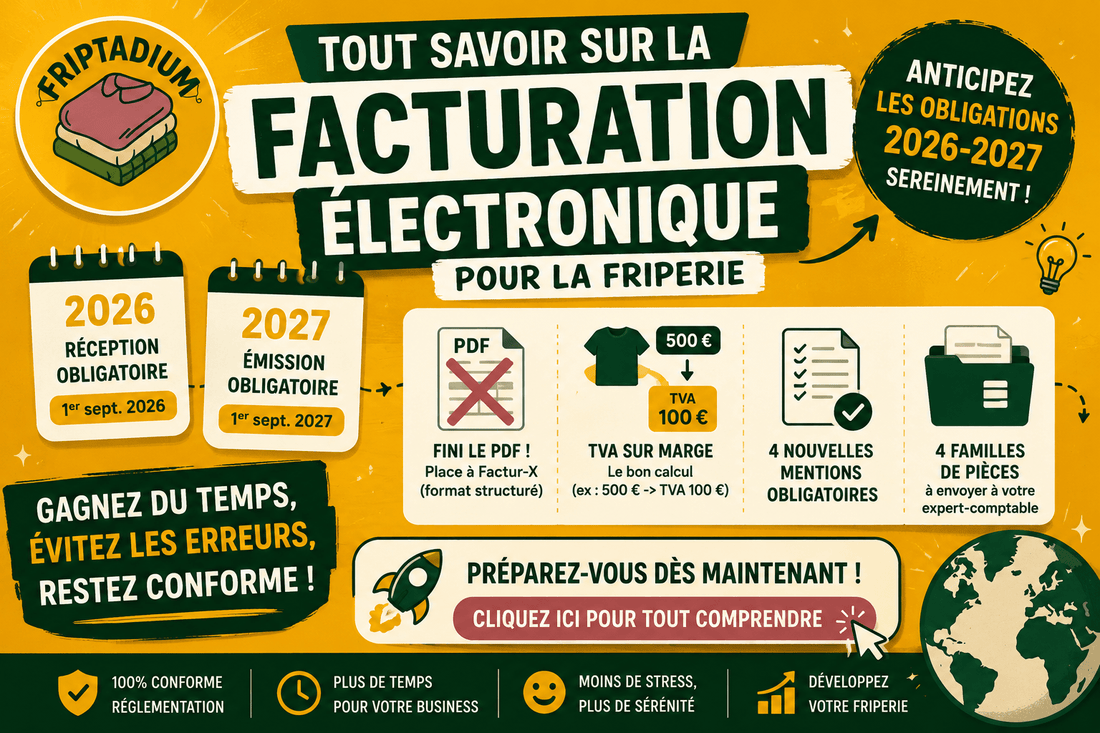 Bannière du guide Friptadium : facturation électronique 2026 et 2027 pour les revendeurs de vêtements