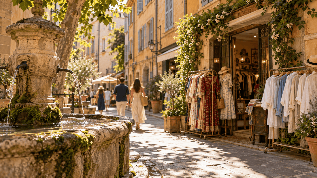 Rue pavée ensoleillée aux façades ocre et aux volets clairs, avec une fontaine moussue au premier plan et la vitrine d'une friperie aux portants de robes et de chemises vintage : les friperies à Aix-en-Provence