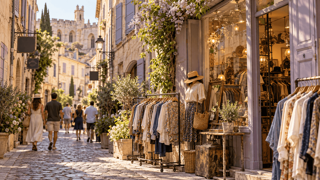 Ruelle pavée ensoleillée bordée de façades en pierre et de volets lavande, avec la vitrine d'une friperie et des portants de chemises et de robes vintage, et un palais gothique au fond : les friperies à Avignon