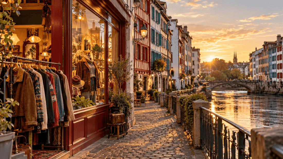 Vitrine d'une friperie avec un portant de vestes et de pulls vintage sur un quai pavé, face à une rivière bordée de maisons à colombages au coucher du soleil : les friperies à Bayonne