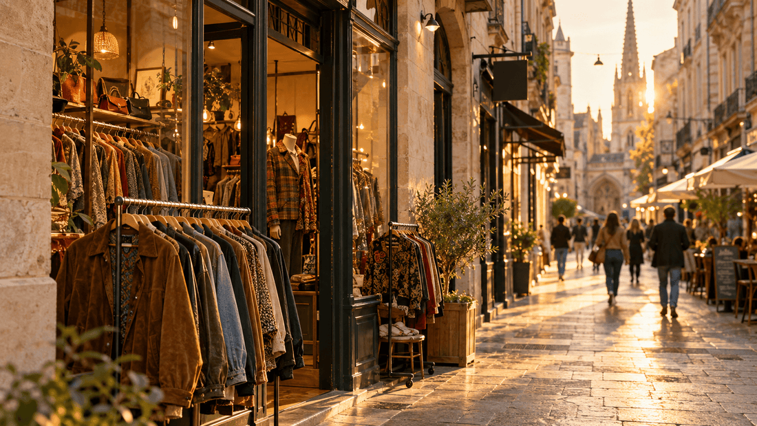 Rue piétonne pavée bordée de façades en pierre blonde au soleil couchant, avec la vitrine d'une friperie, des portants de vestes et de chemises vintage et la flèche d'une église gothique au fond : les friperies à Bordeaux