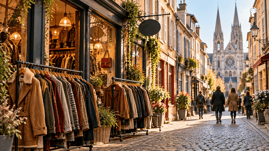 Rue pavée du centre historique bordée de façades anciennes, avec la vitrine d'une friperie et des portants de manteaux et de vestes vintage, et les deux flèches de la cathédrale au fond : les friperies à Chartres
