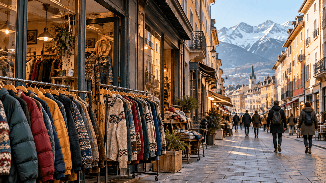 Rue piétonne pavée bordée de façades anciennes, avec la vitrine d'une friperie et des portants de doudounes et de pulls jacquard vintage, et des sommets enneigés au fond : les friperies à Grenoble