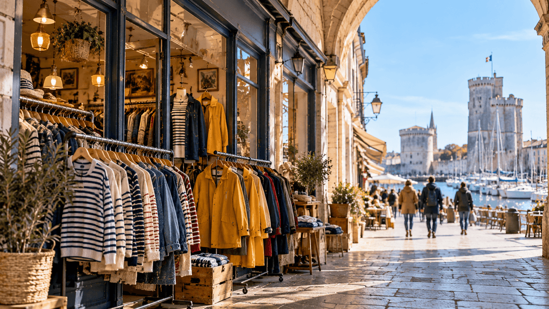 Rue piétonne sous les arcades avec la vitrine d'une friperie et des portants de marinières, de cirés jaunes et de vestes, face au Vieux-Port et à ses tours médiévales : les friperies à La Rochelle
