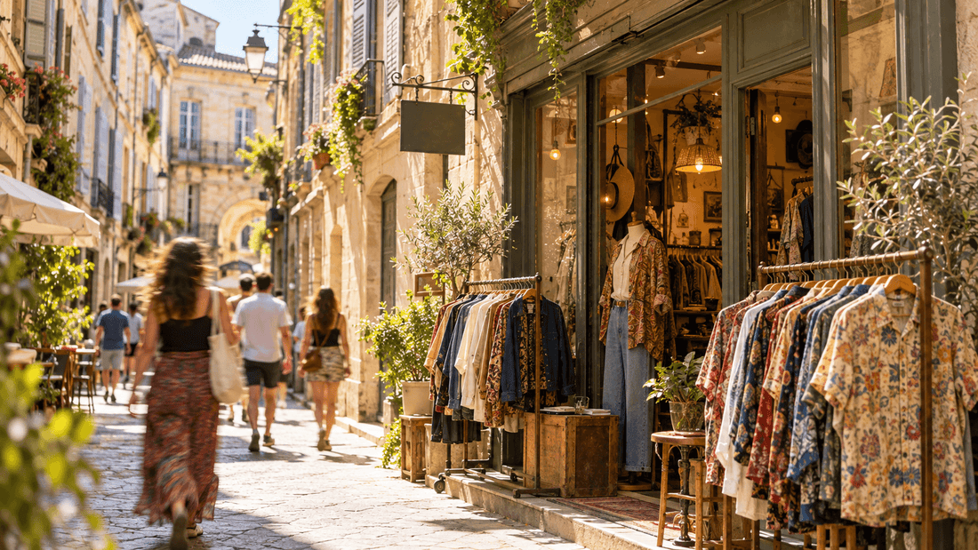 Ruelle piétonne pavée de l'Écusson en plein soleil, avec la vitrine d'une friperie et des portants de chemises à fleurs et de vestes vintage devant la boutique : les friperies à Montpellier