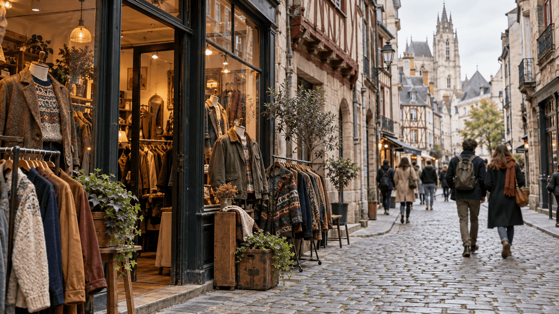 Rue piétonne pavée bordée de maisons à colombages et de façades en pierre, avec la vitrine d'une friperie, des portants de pulls et de vestes vintage et les tours d'une église gothique au fond : les friperies à Nantes