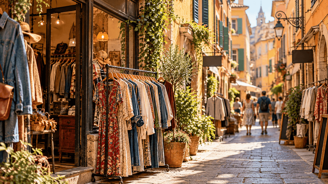 Ruelle pavée ensoleillée du Vieux-Nice aux façades ocre et jaunes à volets verts, avec la vitrine d'une friperie et des portants de robes fleuries, de chemises et de vestes en jean devant la boutique : les friperies à Nice