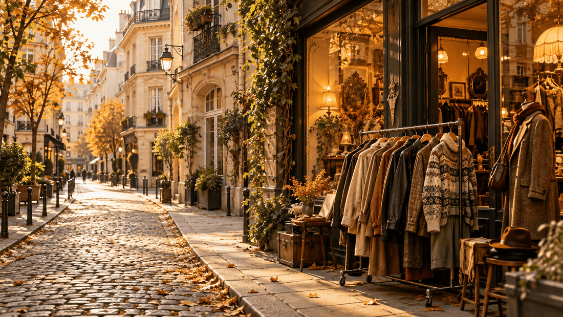 Rue pavée de Paris en automne avec la vitrine d'une friperie, un portant de manteaux et de pulls vintage sur le trottoir et des immeubles haussmanniens : les friperies à Paris