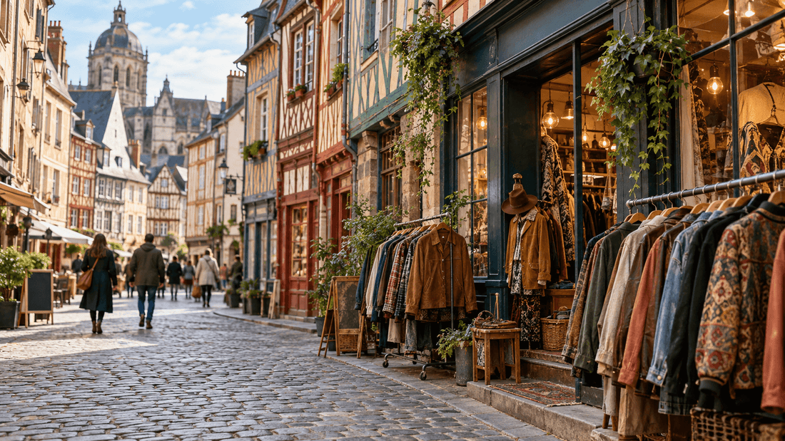 Rue piétonne pavée bordée de maisons à pans de bois colorées, avec la vitrine d'une friperie, des portants de vestes et de manteaux vintage et le dôme d'une église au fond : les friperies à Rennes