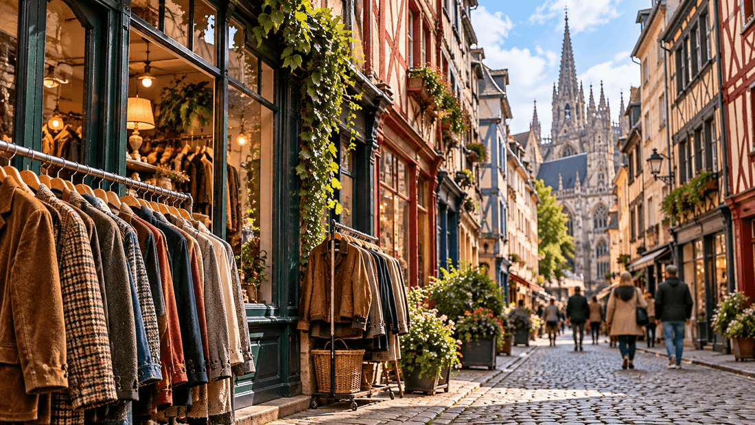Rue pavée bordée de maisons à pans de bois colorées, avec la vitrine d'une friperie et des portants de vestes et de manteaux vintage, et la flèche d'une cathédrale gothique au fond : les friperies à Rouen