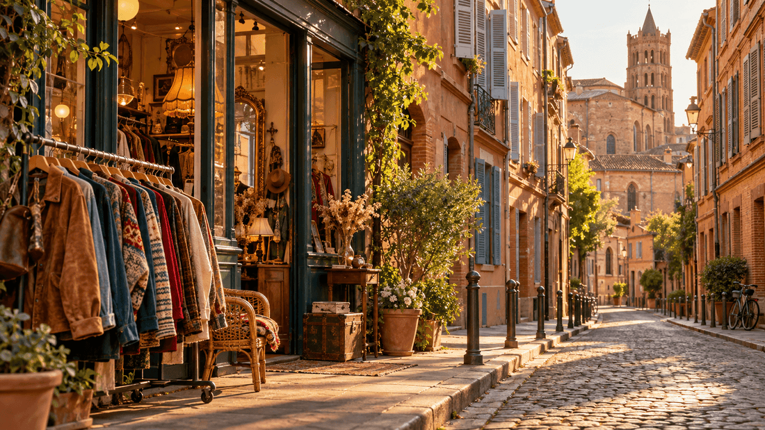 Rue pavée bordée d'immeubles en brique rose au soleil couchant, avec la vitrine d'une friperie, un portant de vestes et de pulls vintage sur le trottoir et un clocher de brique au fond : les friperies à Toulouse