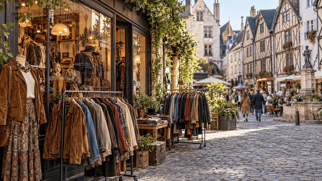 Rue pavée du Vieux-Tours bordée de maisons à pans de bois, avec la vitrine d'une friperie et des portants de vestes, de blousons et de manteaux vintage devant la boutique : les friperies et dépôts-ventes à Tours