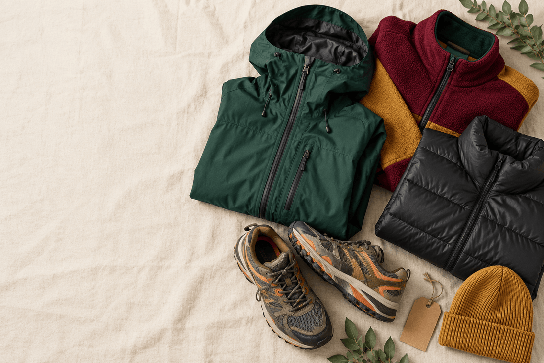 Vêtements gorpcore de seconde main : veste technique, polaire vintage, doudoune et chaussures de trail