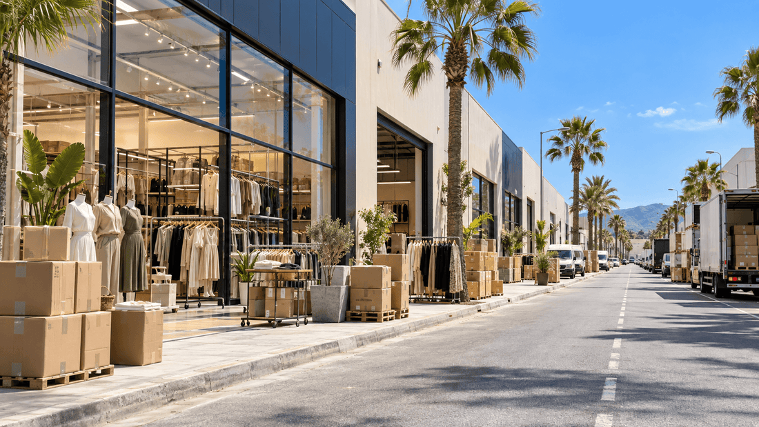 Rue ensoleillée d'une zone de vente en gros, avec des showrooms de vêtements neufs, des cartons sur palettes et des camions de livraison sous les palmiers, comme à Badalona près de Barcelone