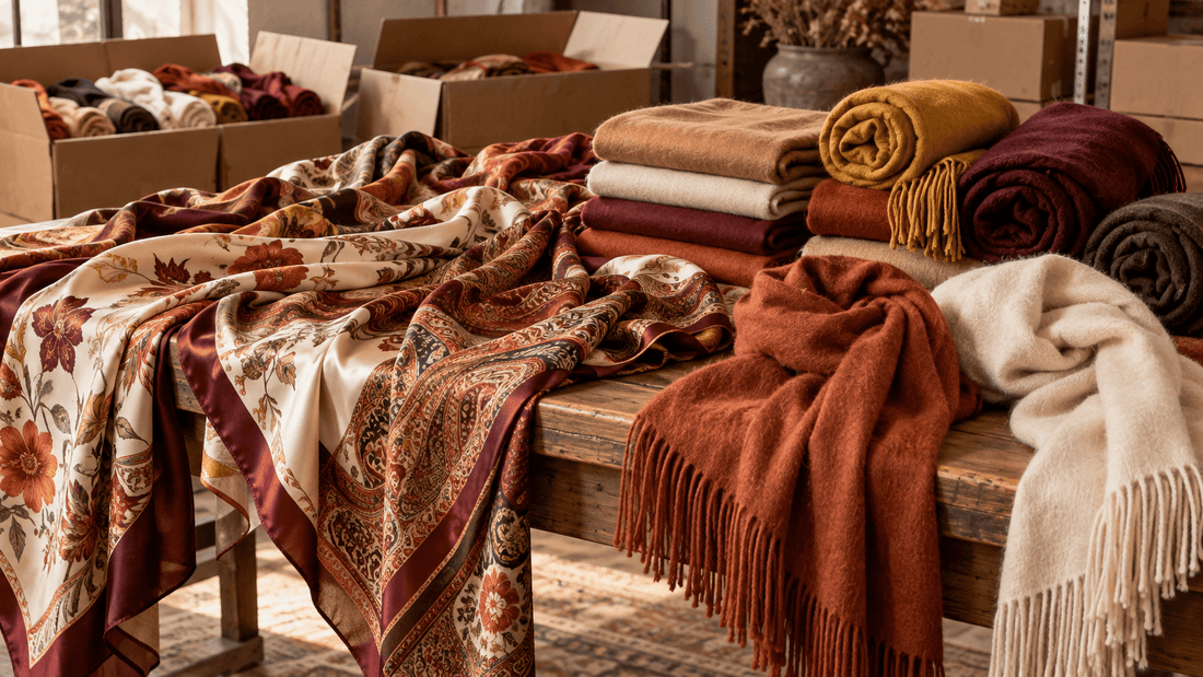 Foulards carrés imprimés à motifs floraux et paisley étalés sur une table en bois à côté de piles d'écharpes à franges unies, camel, crème, rouille et bordeaux, devant des cartons ouverts : acheter foulards et écharpes en gros