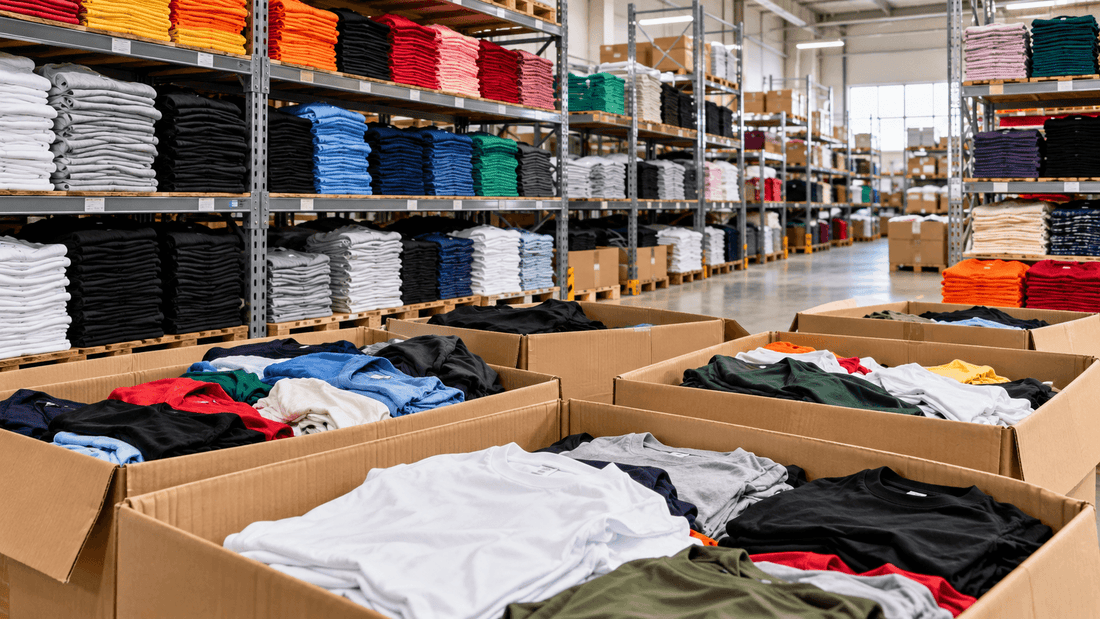 Entrepôt de grossiste t-shirt avec des étagères chargées de piles de t-shirts unis de toutes les couleurs et, au premier plan, des cartons ouverts remplis de t-shirts pliés : acheter des t-shirts en gros pour les revendre
