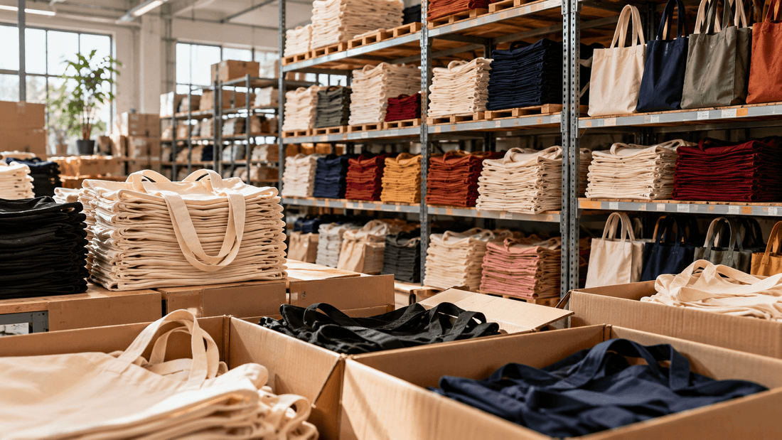 Entrepôt de grossiste tote bag avec des étagères chargées de piles de tote bags en coton écru, noirs, marine, bordeaux et moutarde, et des cartons ouverts remplis de sacs en toile au premier plan : acheter des tote bags en gros