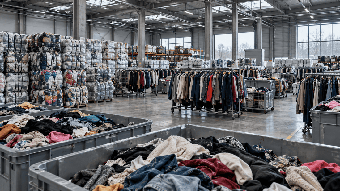 Entrepôt de fripe avec des balles de vêtements d'occasion cerclées empilées sur palettes, des portants de vestes et des bacs remplis de pulls et de jeans en cours de tri, comme chez un grossiste de vêtements en Belgique