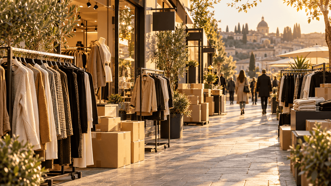 Rue ensoleillée bordée de showrooms de prêt-à-porter, avec des portants de pulls, de manteaux et de vestes, des cartons de stock et une ville aux cyprès sur une colline au loin : acheter chez un grossiste de vêtements en Italie